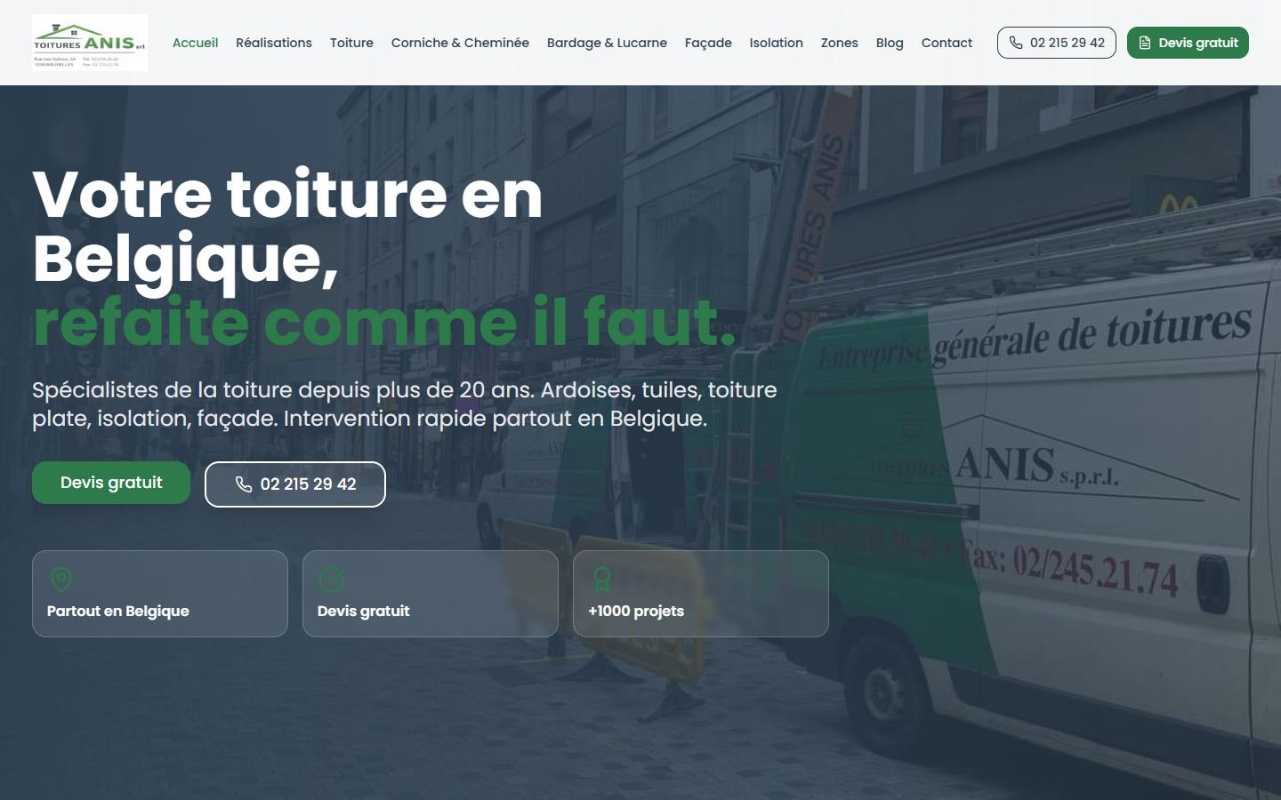 Page d’accueil du site de Toitures Anis, couvreur, Bruxelles