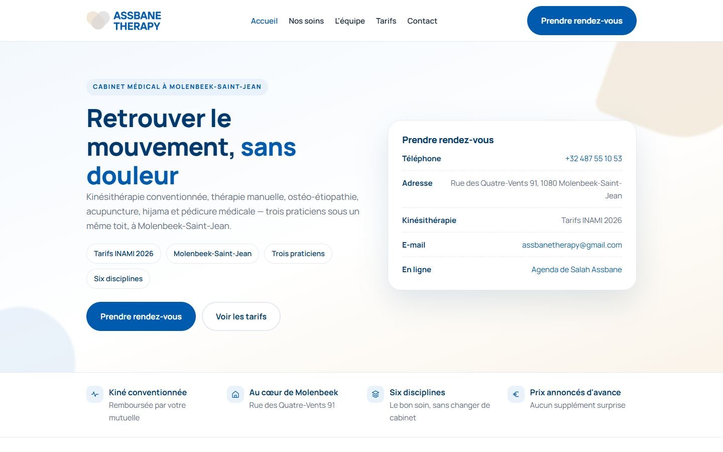 Page d’accueil du site de Assbane Therapy, kinésithérapie, ostéopathie et acupuncture, Molenbeek-Saint-Jean
