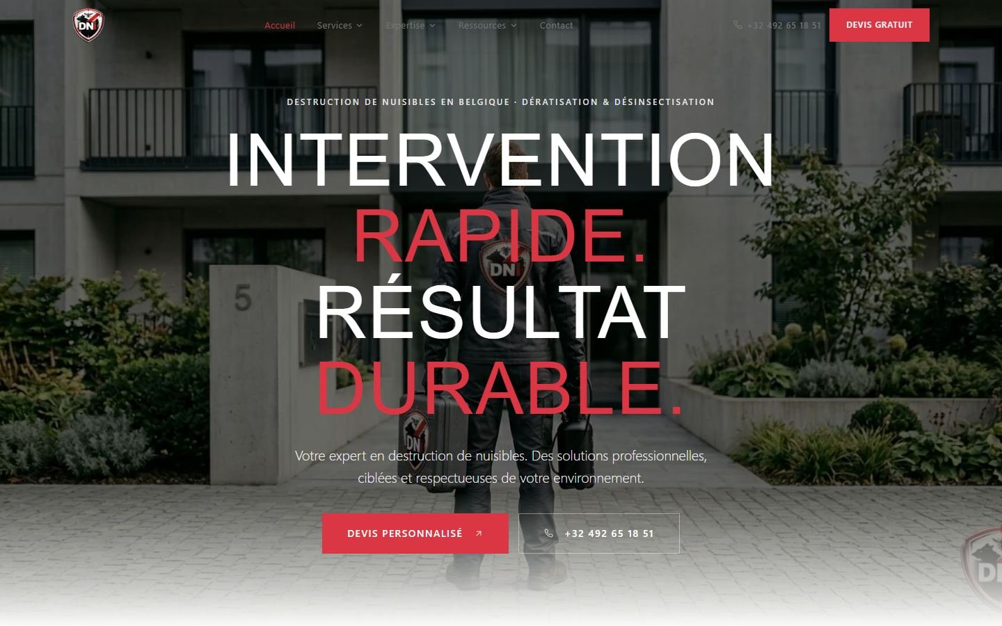 Page d’accueil du site de DNi Nuisibles, dératisation et désinsectisation, Bruxelles