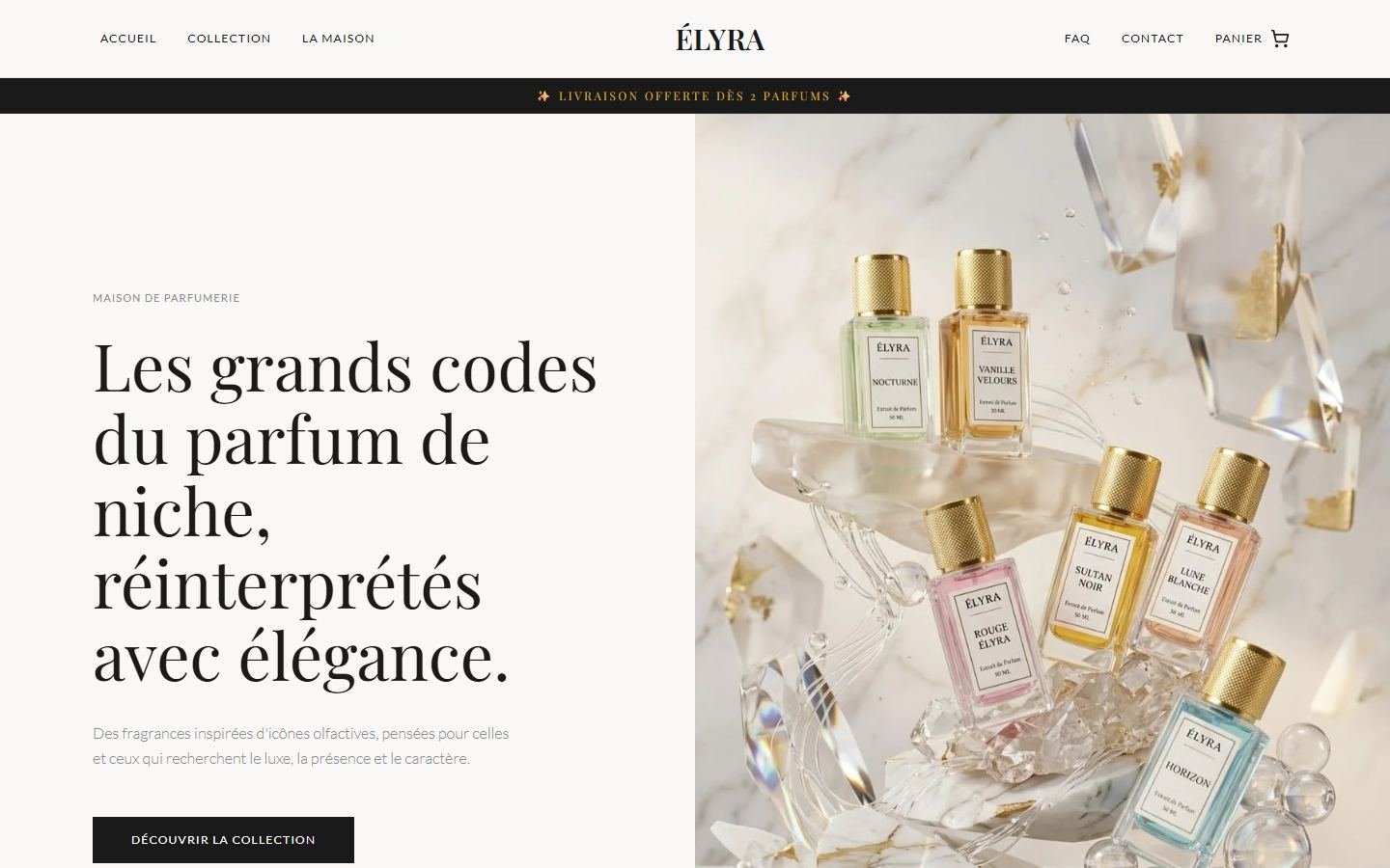 Page d’accueil du site de Maison ÉLYRA, parfumerie de niche, Bruxelles
