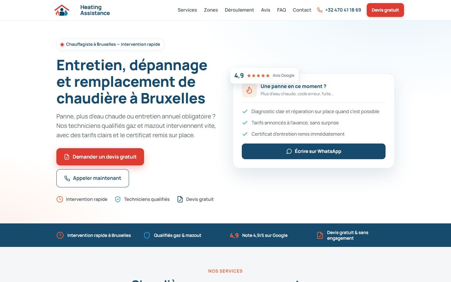 Page d’accueil du site de Heating Assistance, chauffagiste, Bruxelles