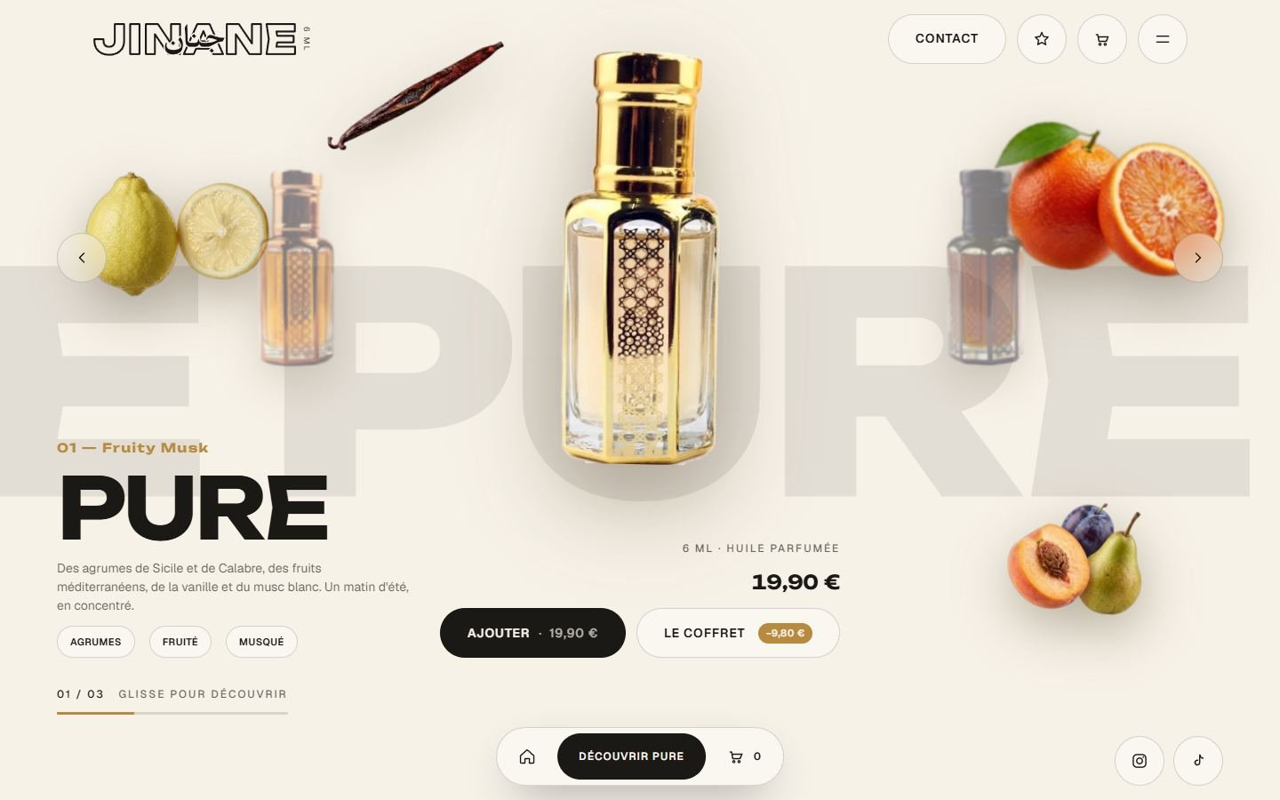 Page d’accueil du site de Maison Jinane, musks et huiles parfumées