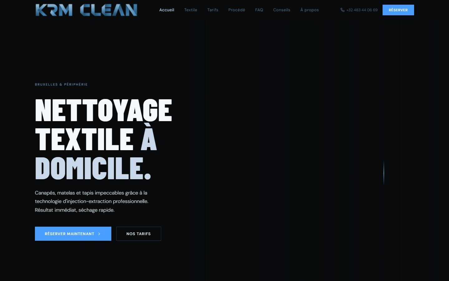 Page d’accueil du site de KRM Clean, nettoyage textile à domicile, Bruxelles