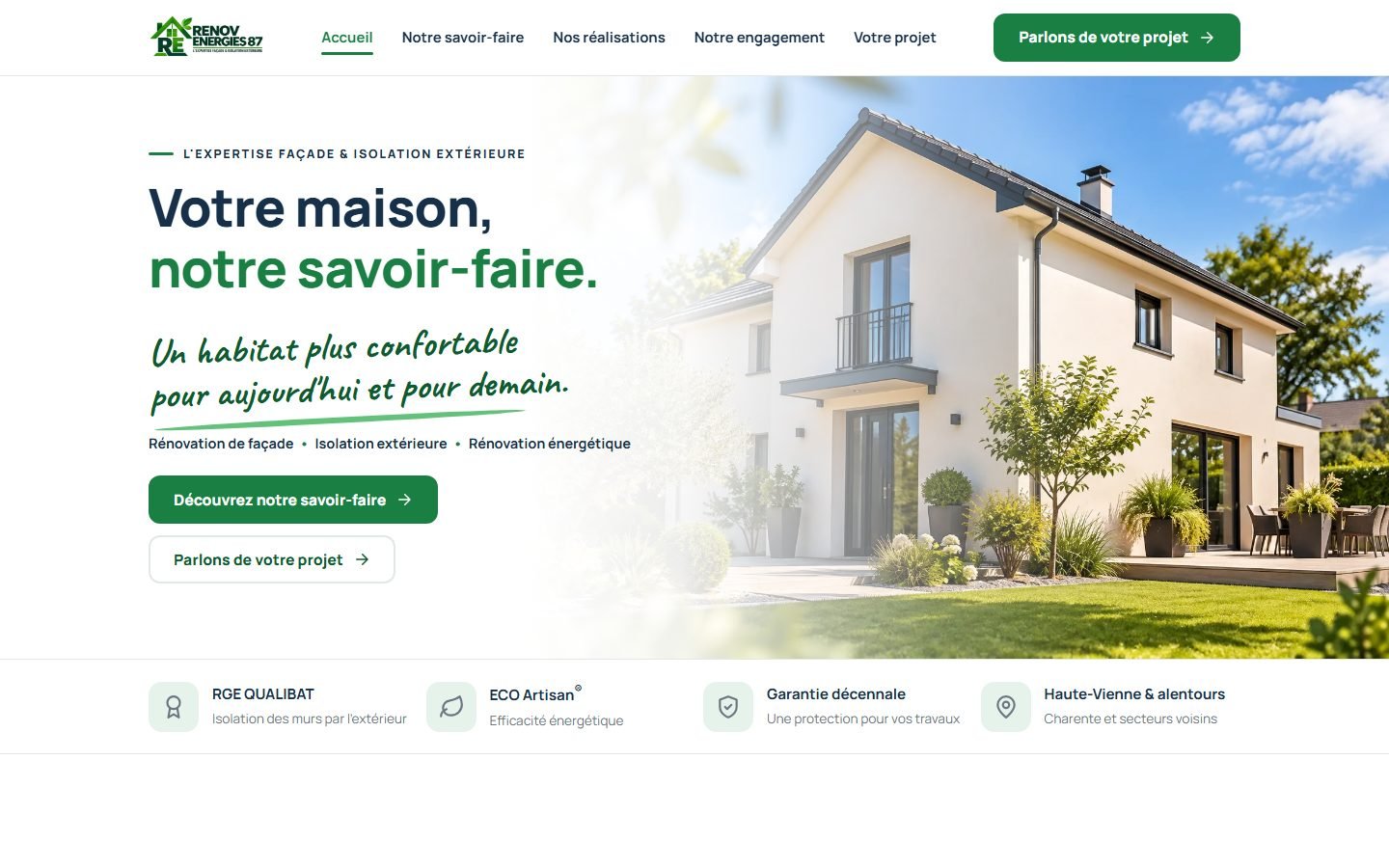 Page d’accueil du site de RENOV ENERGIES 87, ravalement de façade et isolation extérieure, Saint-Sylvestre (Haute-Vienne)