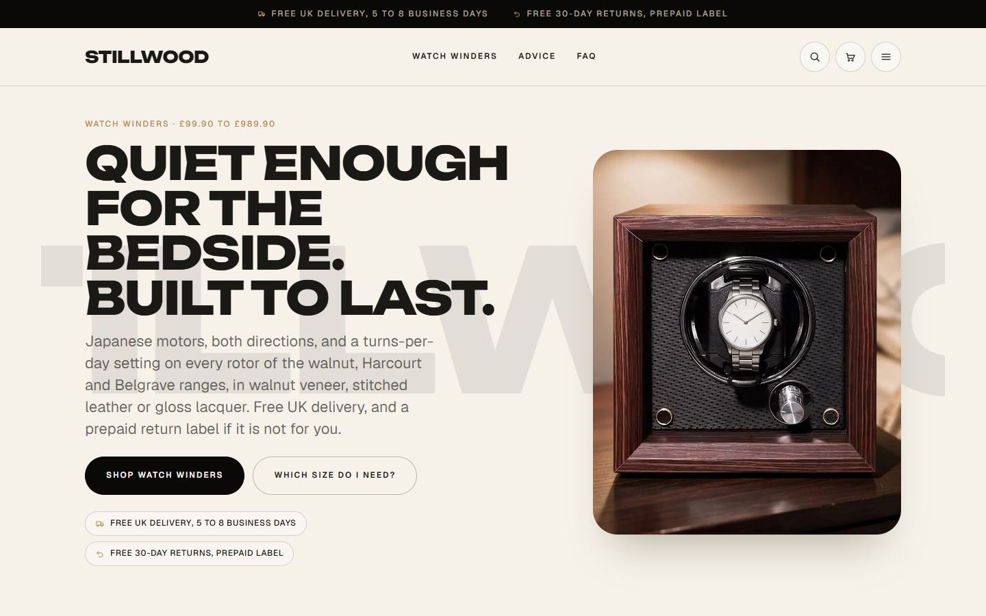Page d’accueil du site de Stillwood, remontoirs de montres, Royaume-Uni
